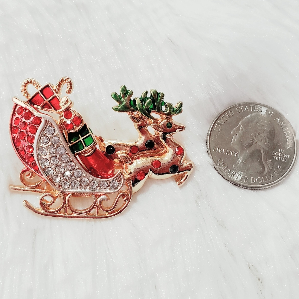 Reindeer Sleigh Rhinestone Christmas Brooch pin - Picture 3 of 7